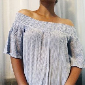 Blue and White Off the Shoulder Pin Stripped Top